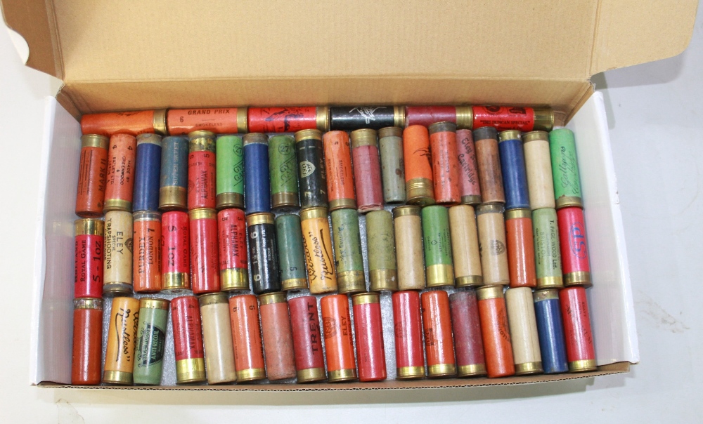 A collection of sixty vintage paper cartridges of various makes and gauges. Shotgun certificate req