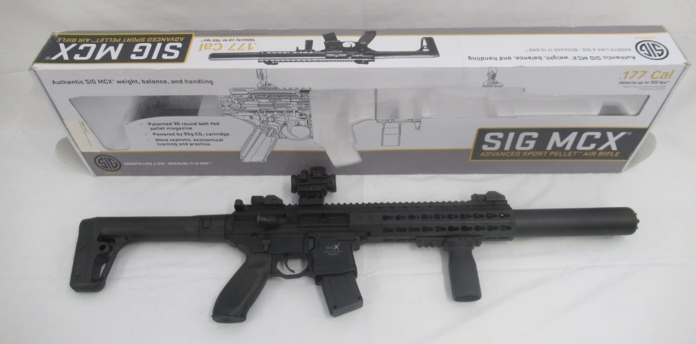 Sig Sauer MCX .177 CO2 powered air rifle, with fitted Feyachi laser dot sight, with RVG forward