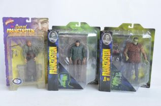 Three Frankenstein related action figure models, all in mint condition inside at least good