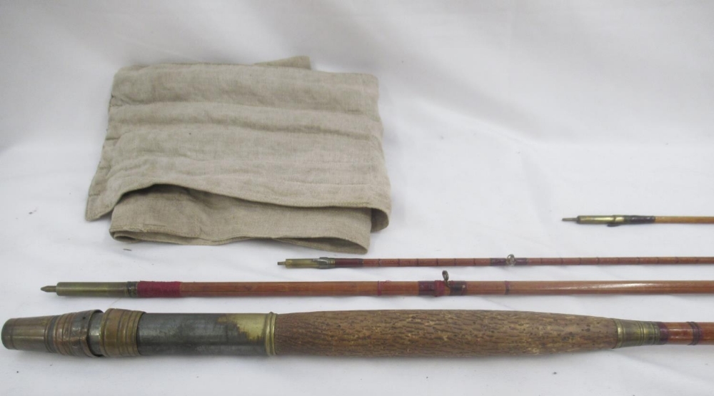 A pair of vintage fishing rods. To include a split cane three-section fly rod sold by the A.W. - Image 4 of 6