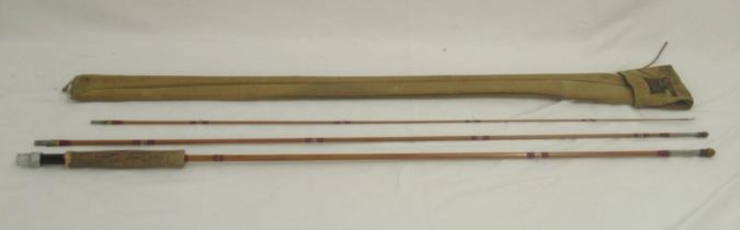 Vintage Hardy split cane fly rod in three sections, in original cotton sleeve. In very good