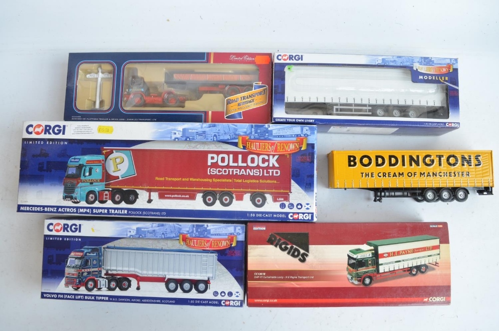 Collection of 1/50 scale diecast truck and trailer models from Corgi to include CC15801 Mercedes-