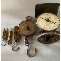 A set of five scales including salter shop scales, butchers/grocery scales x3 and a set of fishing