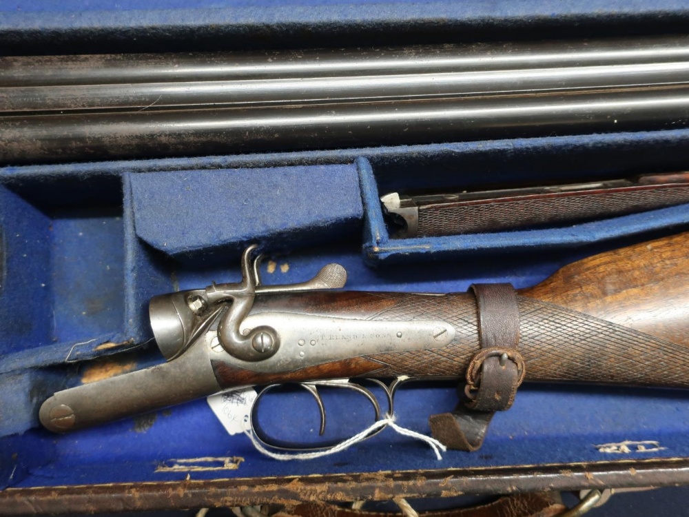 Cased T. Bland & Sons 12 bore hammer gun with 30 inch barrels, serial no. 14754, in fitted canvas