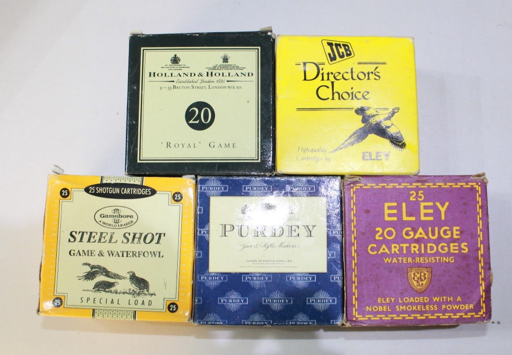 Five boxes of 20 bore cartridges, to include Purdey, JCB, Holland and Holland, Ely, and Game