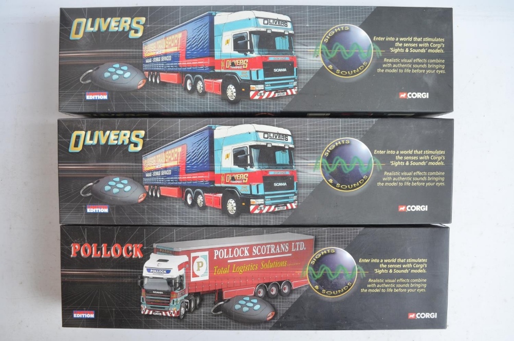 Three limited edition Corgi 1/50 scale 'Sights & Sounds' series diecast model trucks to include