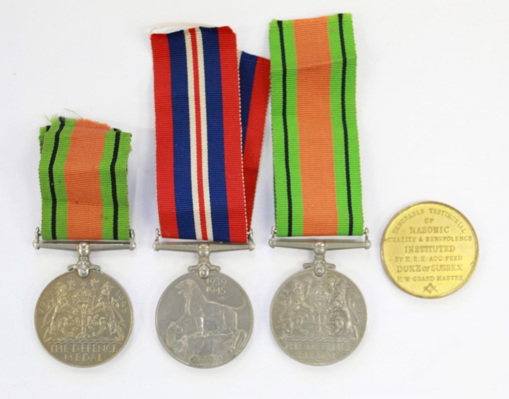 WWII Defence medal x2. 1939-45 War Medal. Masonic coin. Unknown Recipients. - Image 2 of 3