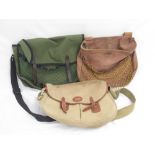 Collection of three canvas fishing bags. To include a vintage Aiken bag with three compartments