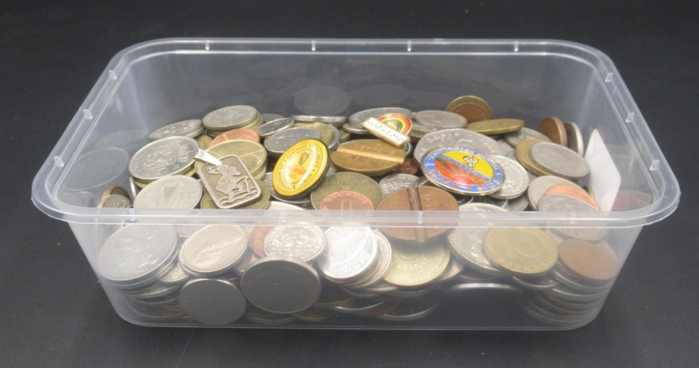 Assorted collection of mixed international coins, inc. 3 pin badges, and a St. Christopher Medallion