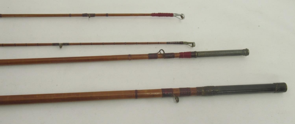 A pair of vintage fishing rods. To include a split cane three-section fly rod sold by the A.W. - Image 6 of 6