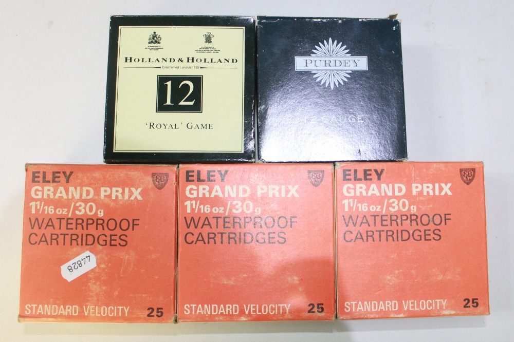 3x boxes (25) of Eley Grand Prix 12b cartridges. One box of Purdy 12 bore and one box of Holland and