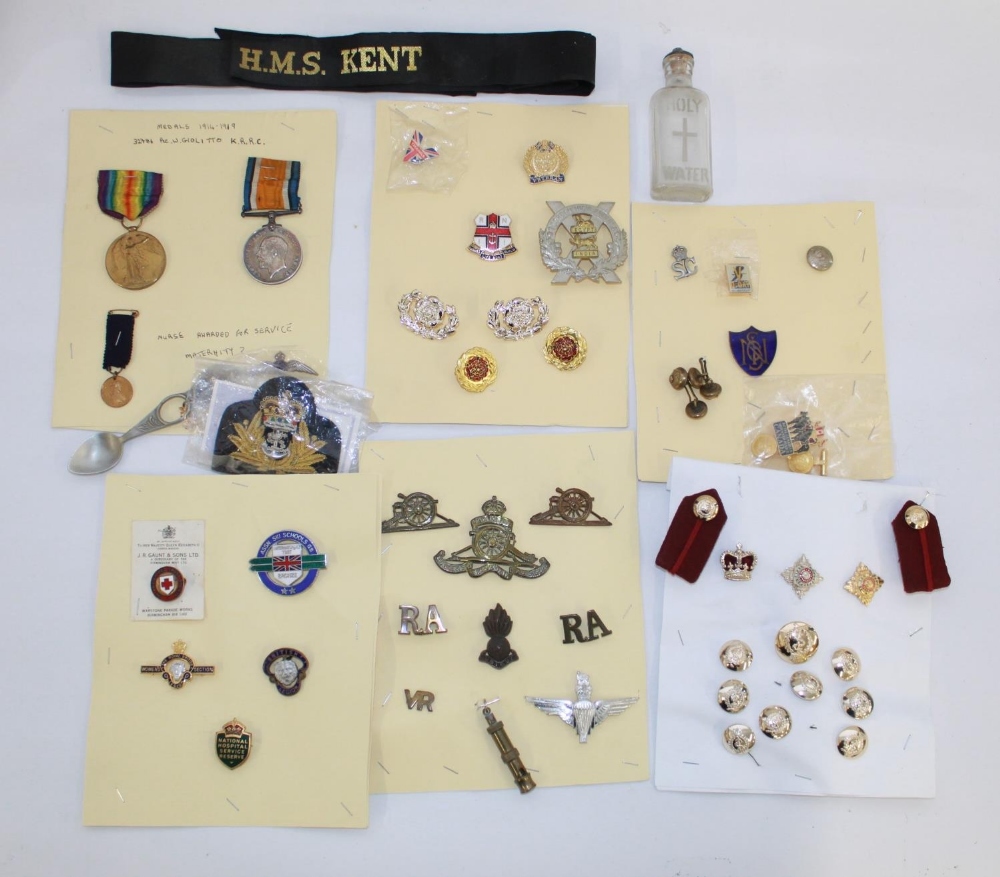 Collection of badges and medals incl. WW1 Victory Medal, War Medal to 32786 Private W. Giolitto of