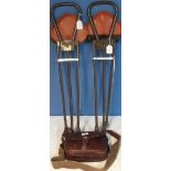 Pair of Gamebird shooting stools and a leather cartridge bag with webbing shoulder strap.