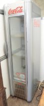Modern ex café Coca-Cola branded glass fronted fridge in working order, H189xW50xD67cm