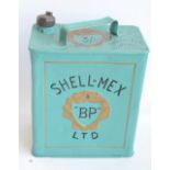 Vintage Shell-Mex BP 2 gallon petrol can with cap, repainted/restored in light blue with black