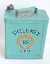 Vintage Shell-Mex BP 2 gallon petrol can with cap, repainted/restored in light blue with black