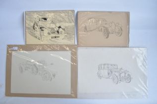 Four pen and ink drawings of vintage automobiles by auto artist Alan Crisp (all unsigned) to include