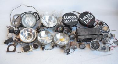 Collection of mostly C1960's-modern car lamps (to include Lucas), a plastic car dash, instruments