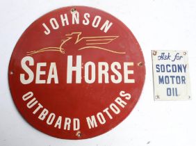 Two single sided enamel signs. 'Sea Horse Outboard motors'. 15cm. 'Socony Motor oil'. 11cmx15cm