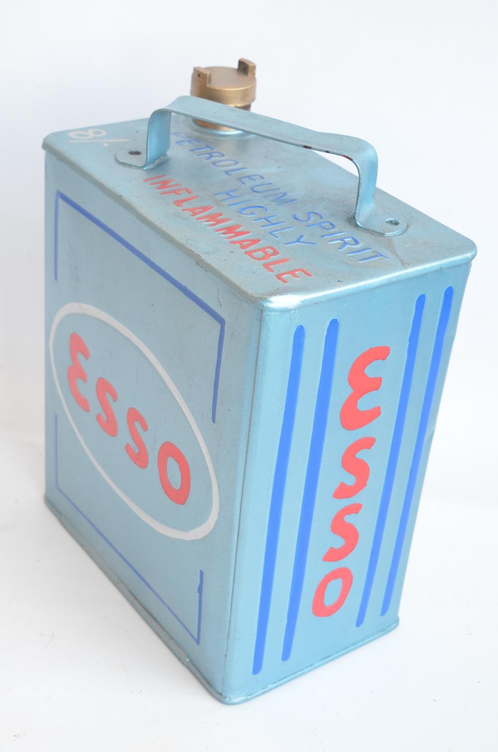 Vintage Esso 2 gallon petrol can with cap, repainted/restored in light metallic blue with red - Image 3 of 3