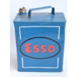 Vintage Esso 2 gallon petrol can with cap, repainted/restored in dark blue with red lettering