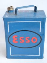 Vintage Esso 2 gallon petrol can with cap, repainted/restored in dark blue with red lettering