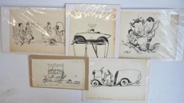 Five original comic pen and ink drawings by auto artist/cartoonist Sid Miller c1920'-30's, (all