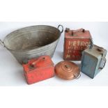 Three vintage oil/fuel cans to include a Valor Esso blue example. Also a galvanised tin bath and a