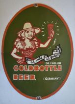 Enamel steel plate advertising sign for Dr Englich Goldbottle Beer, 61.7x47cm