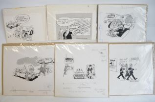 Six original comic pen and ink drawings by cartoonist Arnold Lerner C1970's for Autocar Magazine