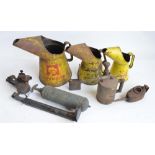 Collection of vintage oil cans to include Shell Lubricants, a blow torch, fire extinguisher,