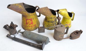 Collection of vintage oil cans to include Shell Lubricants, a blow torch, fire extinguisher,