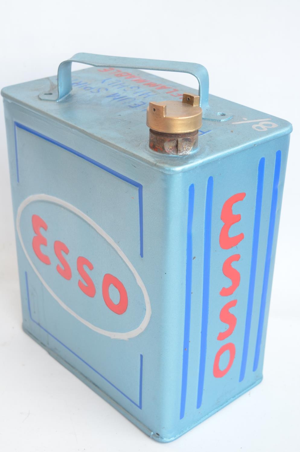 Vintage Esso 2 gallon petrol can with cap, repainted/restored in light metallic blue with red - Image 2 of 3