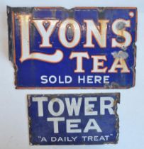 Two double sided plate steel enamel advertising signs to include Lyons' Tea Sold Here (with