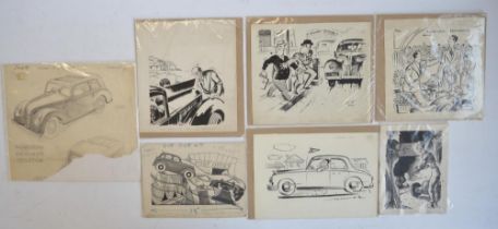Collection of seven original auto magazine sketches C1940's to include pen and ink drawings by