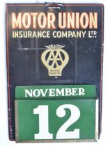 Vintage metal plate Motor Union Insurance Company Ltd wall hanging calendar with full set of