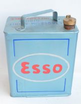 Vintage Esso 2 gallon petrol can with cap, repainted/restored in light metallic blue with red
