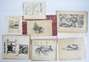 Seven original vintage auto related sketches, various artists c1920's to 40's to include signed