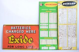 Metal plate Exide Batteries advertising sign (63.6x44.4cm) and 2x French language Dunlop workshop