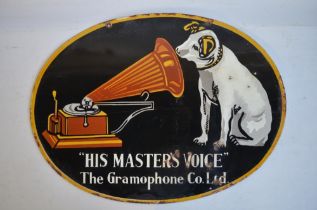 Double sided oval enamel steel plate advertising sign for His Master's Voice, 61x45.5cm