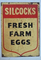 Vintage double sided printed steel plate advertising sign for Silcocks Fresh Farm Eggs (not enamel),