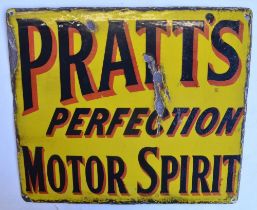 Double sided enamel plate steel advertising sign for Pratt's Perfection Motor Spirit, 52.9x45.5cm
