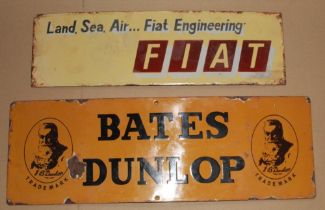 Two single sided enamel signs "FIAT Engineering" 51cmx16cm "BATES DUNLOP" 60cmx20cm