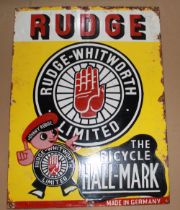 Single sided enamel sign. "RUDGE RUDGE-WHITWORTH LIMITED" "The Bicycle Hallmark" 46cmx61cm.