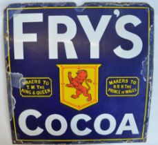 Single sided plate steel enamel advertising sign for Fry's Cocoa (some restoration to artwork, see