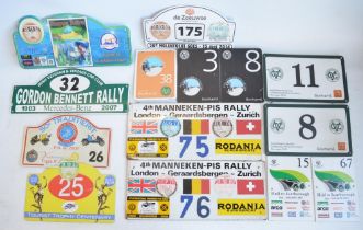 Collection of motor rally plaques, mostly printed laminated foamboard and plastic sheet to include