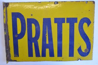 Vintage painted double sided plate steel advertising sign for Pratt's with 90 degree attachment