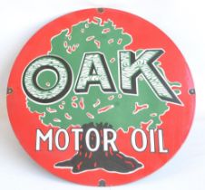 Circular enamel steel plate advertising sign for Oak Motor Oil, diameter 76cm