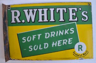 Double sided plate steel enamel advertising sign for R.White's Soft Drinks Sold Here with right