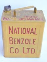 Vintage National Benzole Co Ltd 2 gallon petrol can with cap, repainted/restored in yellow with